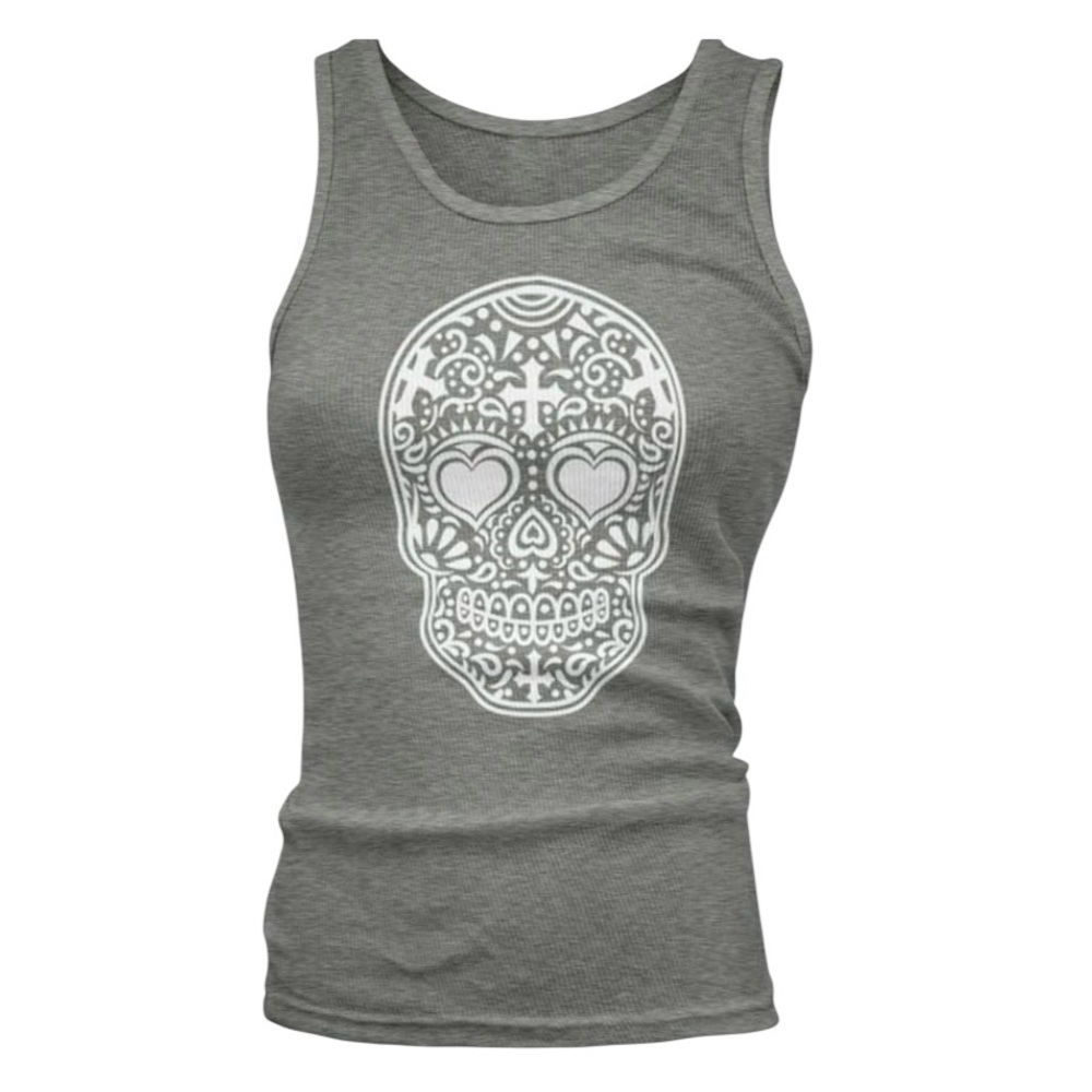 Heather Grey Sugar Skull Scoop Neck Racerback Tank Top Size Medium
